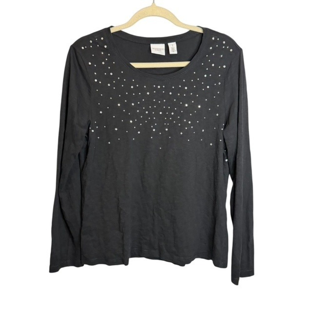 Chico's Blouse Women's Medium Weekends Rhinestone Long Sleeve Black Chicos 1